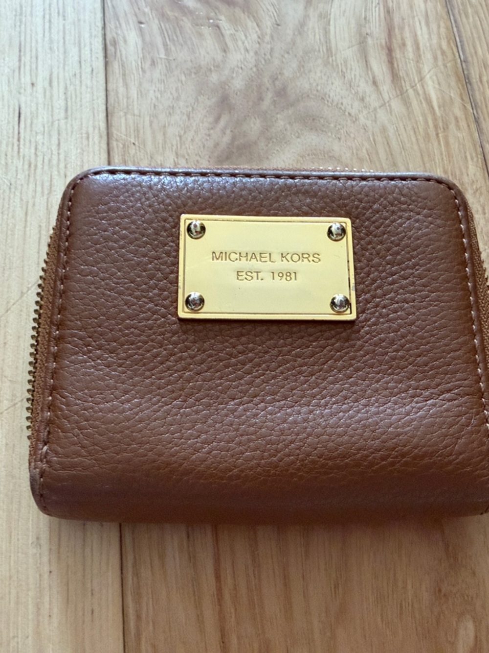 Michael Kors Tan/Brown Zip Card Holder with Gold Plaque